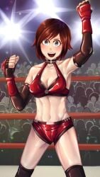 1girls abs arsonicartz athletic athletic_female blue_eyes breasts crop_top elbow_gloves fingerless_elbow_gloves fingerless_gloves fit fit_female gloves looking_at_viewer medium_breasts midriff navel red_crop_top red_hair red_shorts ruby_rose rwby short_hair short_shorts shorts wrestling_outfit wrestling_ring