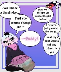 biting_lip biting_own_lip blitzo_(helluva_boss) cat_thighighs daddy diaper dyed_hair embarrassed emberlynn_pinkle emberlynn_pinkle_(human_form) full_diaper helluva_boss hoodie kneeling messing messy_diaper miniskirt one_eye_closed redsabdlcreations scat shit skirt text text_bubble thick_thighs thighhighs uwu