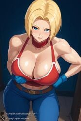 1girls 2025 ai_generated artist_name ass_visible_through_thighs bangs bare_shoulders belt big_ass big_breasts blonde_hair blue_eyes blue_gloves blue_mary blue_pants blush breasts choker cleavage collarbone crop_top curvy denim fatal_fury female gloves hi_res high_quality high_resolution highres huge_ass huge_breasts jeans king_of_fighters large_breasts looking_at_viewer midriff muscular muscular_female navel pants parted_lips patreon patreon_username short_hair snk solo sweat the_king_of_fighters thighs unjobdespiert watermark