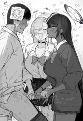 1boy 2girls absurdres asuna_(blue_archive) black_hair blue_archive breasts cardigan clothes_pull cooperative_handjob cum cum_on_body cum_on_hands dark-skinned_female dark_skin doodle_sensei_(blue_archive) erection ffm_threesome from_side group_sex hair_over_one_eye halo handjob heart highres karin_(blue_archive) large_breasts monochrome multiple_girls official_alternate_costume pants pants_pull paper_on_head penis putama school_uniform sensei_(blue_archive) smile straight teamwork_(sexual) threesome trembling