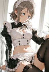 ai_generated blue_eyes breasts brown_hair cleavage lace love_live! love_live!_sunshine!! maid maid_headdress maid_uniform midriff navel short_hair sitting stockings stomach thighhighs thighs watanabe_you wavy_hair