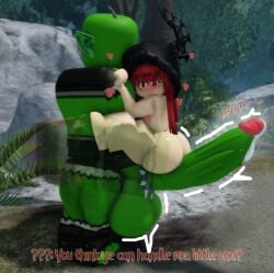 1boy 1girls 3d carrying cum english_text female forest heart horns light-skinned_female light_skin male male/female muscular needyasuu orc orc_male oversized_balls oversized_penis questionable_consent red_hair roblox robloxian size_difference tagme transparent veiny_penis