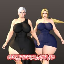 2girls 3d 3d_animation artist_signature big_breasts blonde_hair blue_eyes christie_(doa) cleavage curvaceous curvy_female daz3d daz_studio dead_or_alive dress evening_dress exposed_thighs female grey_eyes hairbow helena_douglas huge_ass large_breasts light-skinned_female light_skin lipstick long_hair looking_at_viewer nipples_visible_through_clothing pawg ponytail short_hair simple_background standing tecmo thick thick_thighs tkgbxard3d voluptuous voluptuous_female white_hair wide_hips