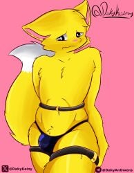 absurd_res anthro bulge clothing daky_kainy femboy hi_res humanoid male pink_background simple_background solo thong underwear yellow_body