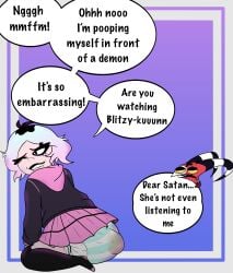 biting_lip biting_own_lip blitzo_(helluva_boss) cat_thighighs diaper dyed_hair embarrassed emberlynn_pinkle emberlynn_pinkle_(human_form) helluva_boss hoodie kneeling messing messy_diaper miniskirt one_eye_closed redsabdlcreations scat shit skirt text text_bubble thick_thighs thighhighs