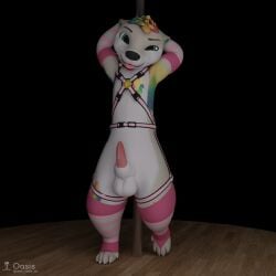 1:1 3d_(artwork) absurd_res animal_genitalia balls bodily_fluids bondage bound cum cum_drip dancing digital_media_(artwork) dripping erection femboy genital_fluids genitals harness hi_res lucky_(otter) male mammal mustelid otter otter_oasis penis pole pole_dancing sheath solo sparky_(coyote)