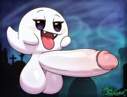 2025 absurd_res balls big_balls big_penis boo_(mario) cute_fangs erection eyebrows fangs femboy genitals ghost glans half-closed_eyes hi_res huge_balls huge_cock humanoid_genitalia humanoid_penis male mario_bros miso_souperstar narrowed_eyes nintendo nude open_mouth penis pink_glans raised_eyebrow red_tongue short_tail smile solo spirit tail teeth throbbing throbbing_penis tongue tongue_out waddling_head white_balls white_penis