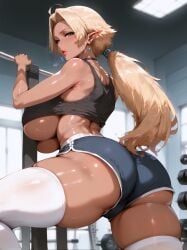 1girls ai_generated blonde_hair dirty_blonde_hair elf elf_ears elf_female gym lewdwaifulaifu long_socks ponytail short_shorts shorts sports_top strawberry_blonde_hair underboob