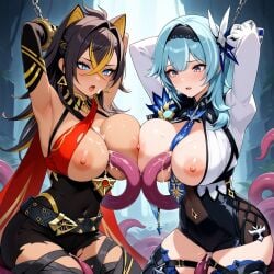 2girls ai_generated animal_ears black_hair blonde_hair blowjob blue_eyes blue_hair bondage boobjob breasts breasts_out bukkake cat_ears catgirl chained chains cooperative_paizuri cum cum_on_breasts dark-skinned_female dark_skin dehya_(genshin_impact) double_paizuri eula_(genshin_impact) fellatio female genshin_impact hair long_hair multicolored_hair multiple_paizuri oral paizuri purple_eyes restrained ripped_clothing submissive submissive_female tentacle tentacle_bondage tie titjob vaginal_penetration vision_(genshin_impact) yellow_eyes