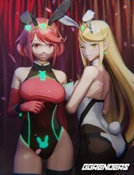 3d ass blonde_hair bowtie breasts bunny_ears bunny_tail choker core_crystal detached_collar earrings elbow_gloves fake_animal_ears fake_tail ggrenders gloves large_breasts leotard long_hair looking_at_viewer mythra nintendo pantyhose playboy_bunny pyra red_eyes red_hair red_leotard short_hair thighhighs tiara white_leotard xenoblade_(series) xenoblade_chronicles_2 yellow_eyes