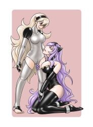 2girls ankle_cuffs black_leotard blonde_hair bondage breasts camilla_(fire_emblem) collar corrin_(fire_emblem) corrin_(fire_emblem)_(female) crotch_zipper elbow_gloves fire_emblem fire_emblem_fates garter_straps gloves hairband kneeling large_breasts latex latex_gloves latex_leotard leotard long_hair nintendo purple_eyes purple_hair red_eyes rubberlink thighhighs tiara white_leotard wrist_cuffs yuri zipper