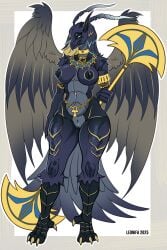 anthro areola avian big_breasts breasts feathered_wings feathers female genitals hair hi_res horn leonifa looking_at_viewer nipples nude pussy simple_background solo thick_thighs warhammer_(franchise) weapon wings