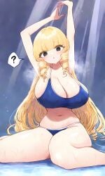 1girls ? ai_generated armpit_crease armpits arms_up big_breasts black_eyes blonde_hair blue_two-piece_swimsuit breasts cleavage confused drill_hair female_focus hi_res highres huge_breasts kaneda_mochiko large_breasts long_hair mount_celeb_kaneda-san self_upload sitting sn7314 solo solo_female solo_focus stretching thick_thighs thighs two-piece_swimsuit wet