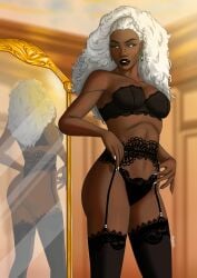 1girls black_lingerie character_name dark-skinned_female dark_skin female female_focus female_only garter_belt lingerie long_hair marvel marvel_comics meme ororo_munroe ororo_spoilers solo solo_female solo_focus storm_(x-men) thick_thighs thighhighs underwear white_hair x-men