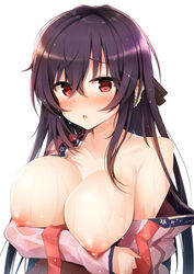 absurdres areolae black_hair black_ribbon blush boku_no_kanojo_wa_ningyohime!? breast_hold breasts breasts_out collarbone eyebrows_visible_through_hair female female_only hair_between_eyes hair_ribbon head_fins highres koma_ion large_breasts long_hair looking_at_viewer macchiato_(jae-min_cho) mermaid monster_girl nipples open_mouth puffy_nipples red_eyes ribbon see-through solo solo_female upper_body wet wet_clothes white_background