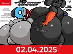 2025 4:3 alexdraws animate_inanimate anthro ass ass_to_ass big_breasts big_butt big_pussy black_body black_ears black_nose black_tail blue_body bodily_fluids breasts canid canine canis digital_media_(artwork) domestic_dog duo english_text exclamation_point eyelashes female genital_fluids genitals grey_body grey_tail hand_on_butt hand_on_own_butt heart_symbol huge_breasts huge_butt hyper hyper_breasts hyper_butt hyper_genitalia hyper_pussy looking_at_butt looking_at_own_butt looking_at_self looking_back mammal multicolored_body nintendo nintendo_switch nintendo_switch_2 orange_body pussy rear_view red_body sitting size_difference switch_dog switch_dog_2 tail text thick_thighs vaginal_fluids white_eyes