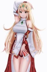 1girls blonde_hair breasts core_crystal cosplay detached_sleeves genshin_impact kimono langspower large_breasts long_hair looking_at_viewer miko mythra nintendo short_kimono tiara white_kimono xenoblade_(series) xenoblade_chronicles_2 yae_miko yae_miko_(cosplay) yellow_eyes