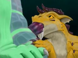 4:3 absurd_res ambiguous_gender anthro bodily_fluids claws cum cum_in_mouth cum_inside digital_media_(artwork) duo erection faceless_character faceless_male fellatio feral fur genital_fluids genitals green_body hi_res horn kobold lizard male male/ambiguous male/male male_penetrated male_penetrating male_penetrating_male mythological_creature mythological_scalie mythology oral oral_penetration penetration penile penis purple_penis reptile saliva scales scalie sex simple_background yellow_body