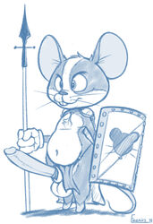 anthro armor balls buckteeth cape clothing emenius erection fur long_penis male male_only mammal melee_weapon monochrome mouse navel pauldron penis polearm rodent shield simple_background slightly_chubby solo spear standing teeth thick_thighs weapon whiskers
