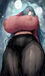 1girls ? ai_generated areola_bulge areolae_visible_through_clothing bags_under_eyes big_breasts black_eyes black_skirt blue_hair breasts cleavage female_focus from_below gigantic_breasts grey_hair hair_over_one_eye hi_res highres huge_breasts large_breasts long_bangs long_hair mei's_mother_(2b213) milf mother outdoors pov ribbed_sweater self_upload sn7314 solo solo_female solo_focus sweat sweatdrop thick_thighs thighs two_tone_hair