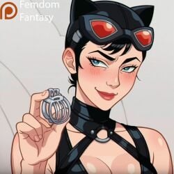 1girls ai_generated catwoman chastity chastity_cage chastity_device dc_comics dominant_female domination dominatrix femdom femdomfantasyai locked offering offering_to_another offering_to_viewer slave solo