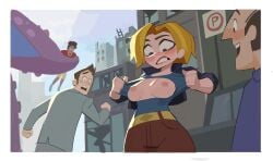 3boys absurdres amugea blonde_hair blue_shirt blush breasts dc dc_comics dc_super_hero_girls denim female highres jeans kara_danvers kara_zor-el large_breasts male multiple_boys nipples pants shirt short_hair smile supergirl teeth tentacle torn_clothes