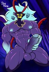 ai_generated asmodeus_(helluva_boss) background big_balls big_penis civitai gay gaylover16 hairy_chest hands_on_penis helluva_boss male male_only masturbation on_knees solo