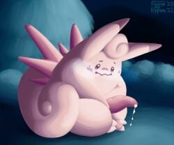 2022 2025 blush bodily_fluids clefable cum feral flygon_(artist) generation_1_pokemon genital_fluids genitals hi_res leaking_cum looking_at_genitalia looking_at_penis looking_down male nervous night nintendo penis pink_body plant pokemon pokemon_(species) ripparu simple_background solo sweat sweatdrop teal_background tree