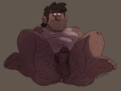 1boy after_sex artist_name body_hair cum cum_in_ass disney feet gravity_falls hairy hornyphobic human human_only looking_aside male male_feet male_only plain_background presenting_anus spreading_ass stanley_pines