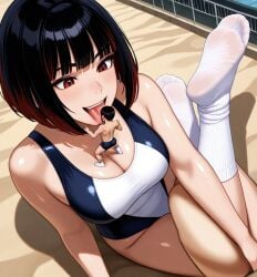 ai_generated eri_takahara fanganronpa feet foot_fetish giantess macro shrinking size_difference soles sweat swimsuit takahara_eri tongue tongue_out