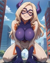 ai_generated blonde_hair bodysuit boku_no_hero_academia breast_squeeze breasts buildings cameltoe city drill_hair erect_nipples female female_focus from_below futality giantess girl horns huge_breasts large_breasts lips long_hair looking_at_viewer mask mature mature_female mount_lady my_hero_academia on_knees outdoors red_eyes seductive seductive_look skin_tight smirk squeezing_breast takeyama_yuu teeth