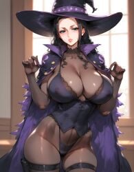 ai_generated blue_eyes dark_hair halloween halloween_costume large_breasts lewdwaifulaifu looking_at_viewer nico_robin one_piece witch_costume witch_hat