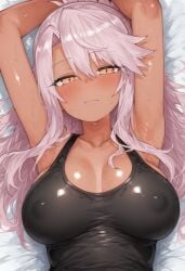 1girls aged_up ai_generated armpits arms_up blush breasts brown_skin chloe_von_einzbern dark-skinned_female dark_skin fate/grand_order fate/kaleid_liner_prisma_illya fate_(series) female large_breasts long_hair lying_on_back pink_hair tank_top