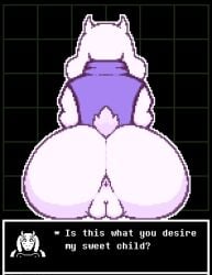 1girls aechmea anus ass blush bovid butt butt_crack clothed dat_ass female_focus female_only from_behind fur furry huge_ass pixel_art presenting_hindquarters pussy tail text text_box text_bubble toby_fox toriel undertale vagina