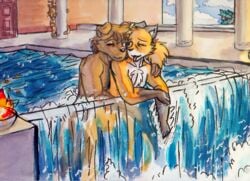 2018 anal anthro anthro_on_anthro brown_fur canine censored chest_tuft cloud detailed_background door duo_focus evals eye_contact feline fire flora_(twokinds) fox fur group keidran male mammal manpersonguy mike_(twokinds) mrease one_eye_closed orange_fur partially_submerged penetration pillar sex stripes swimming_pool tiger traditional_media_(artwork) tuft twokinds voyeur water watercolor_(artwork) waterfall white_fur wink yaoi