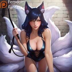 1girls ahri ai_generated bdsm_gear black_panties bondage breasts dominant dominant_female domination dominatrix dominatrix_outfit femdom femdom_pov femdomfantasyai league_of_legends league_of_legends:_wild_rift sexually_suggestive smug_face solo submission thighs whip