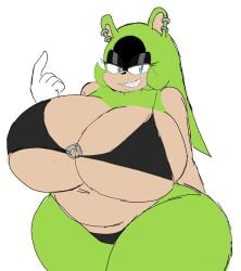 anthro anthro_female bikini black_bikini black_eyeshadow blue_eyes breasts breasts_bigger_than_head busty busty_female ear_piercing eyelashes eyeshadow furry furry_female glove green_body green_fur green_hair hips hips_wider_than_shoulders large_breasts long_hair looking_at_viewer looking_pleasured momiji_(artist) ring round_ears sonic_(series) sonic_the_hedgehog_(idw) surge_the_tenrec tenrec tenrec_girl thighs white_background white_glove wide_hips