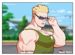 1boy adjusting_eyewear adjusting_sunglasses artist_name bara big_pecs blonde_hair blue_eyes blurry_background dialogue english_text glasses green_shirt green_tank_top looking_at_viewer looking_over_eyewear looking_over_glasses looking_over_sunglasses lt_surge male_focus male_only muscular muscular_arms muscular_male necklace nintendo nipple_bulge open_mouth outdoors pectorals pokemon rumpletumple1 sky sleeveless sleeveless_shirt solo solo_male sunglasses text