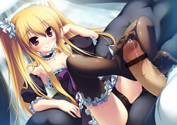 blonde_hair blush censored footjob footjob_with_legwear goth-loli lolita_fashion massan001 original panties thighhighs twintails underwear