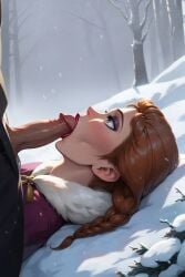 ai_generated anna_(frozen) blowjob clothed clothed_sex dark-skinned_male fellatio frozen_(film) frozen_2 red_hair snow