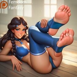 1girls ai_generated avatar_the_last_airbender domination dominatrix feet feet_up femdom femdomfantasyai footjob footjob_pov katara smug_face solo