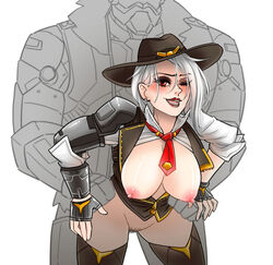 1boy 2d ashe_(overwatch) bent_over blizzard_entertainment bob_(overwatch) bottomless breasts cowboy_hat doggy_style living_machine male mole_above_mouth nipples omnic overwatch pubic_hair red_eyes robot sex white_hair