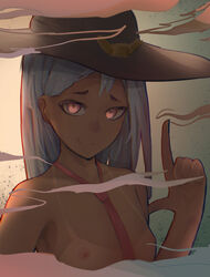 2d age_regression ashe_(overwatch) blizzard_entertainment cowboy_hat dark-skinned_female dark_skin female finger_gun flat_chest hat highres long_hair mmmmmkun necktie nipples overwatch red_eyes smoke solo tan tanline white_hair younger