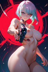 angry breasts breasts breasts cybernetics cyberpunk cyberpunk:_edgerunners female female gun lucy_(cyberpunk) lucyna_kushinada nude pistol white_hair