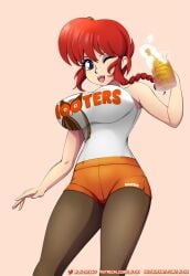 1girls alcohol beer_mug blue_eyes breasts eyeshadow holding_mug hooters hooters_uniform lalox large_breasts looking_at_viewer makeup orange_shorts pantyhose ranma_1/2 ranma_saotome red_hair short_hair short_shorts shorts single_braid tank_top waitress waitress_uniform white_tank_top