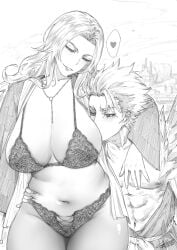 1boy 1girls absurdres age_difference arm_around_waist bleach bra breasts female_pubic_hair fkscrashing greyscale height_difference highres hitsugaya_toushirou huge_breasts hugging hugging_partner jewelry lace lace-trimmed_bra lace-trimmed_panties lace_trim larger_female lingerie matsumoto_rangiku mature_female monochrome muscular muscular_male necklace panties pubic_hair pubic_hair_peek size_difference skindentation smaller_male smile spiked_hair taller_female teasing toshiro_hitsugaya touching_hip underwear