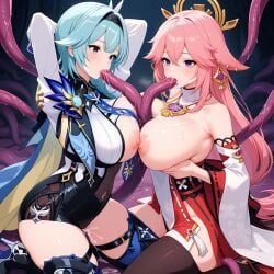 2girls ai_generated blowjob blue_hair bondage boobjob breast_grab breasts breasts_out bukkake chained chains cooperative_paizuri cum cum_on_breasts double_paizuri eula_(genshin_impact) fellatio female genshin_impact hair long_hair miko multiple_paizuri oral paizuri pink_hair purple_eyes restrained ripped_clothing submissive submissive_female tentacle tentacle_bondage titjob vaginal_penetration vision_(genshin_impact) yae_miko yellow_eyes