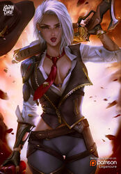 1girls 2d ashe_(overwatch) beauty_mark belt black_nails blizzard_entertainment bra cleavage clothed clothing corset cowboy_hat dynamite earrings explosion explosives female female_only fingerless_gloves gloves gun hat lace-trimmed_bra logan_cure looking_at_viewer mole mole_above_mouth necktie overwatch pinup red_eyes rifle skull_earrings solo sweat tattoo thigh_gap watermark white_hair