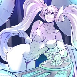 1girls breasts dj_sona female large_breasts league_of_legends long_hair looking_at_viewer monochrome pigtails smile solo sona_buvelle thick_thighs voluptuous zexxck