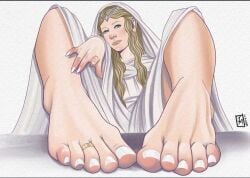 1girls barefoot blonde_hair cate_blanchett elf_female feet feet_up foot_fetish galadriel jakeatherstone legs_up lord_of_the_rings the_hobbit toe_ring white_dress white_nails